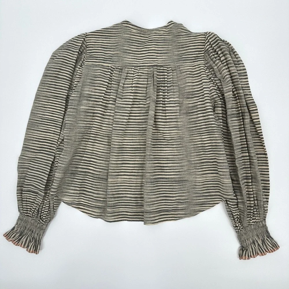 Ulla‎ Johnson Finley Blouse Striped Cotton Puff Sleeve Smocked Cuff Size 4 Small